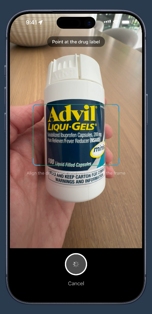 Docent camera scanning an Advil (ibuprofen) bottle