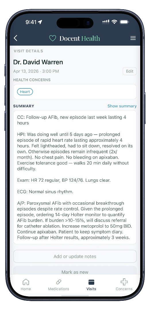 Docent visit summary showing the original clinical note